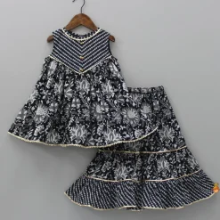 Best Bandhani Printed Yoke Black Kurti And Sharara Twinning Sets | Ethnic Wear