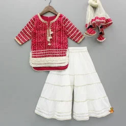 Outlet Bandhani-Printed Pink Kurti With Off-White Sharara And Net Dupatta Ethnic Wear | Palazzos & Shararas