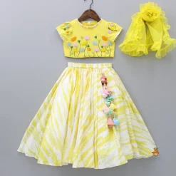 Outlet Beaded Yellow Top And Shibori Printed Lehenga With Ruffle Dupatta Twinning Sets | Ethnic Wear