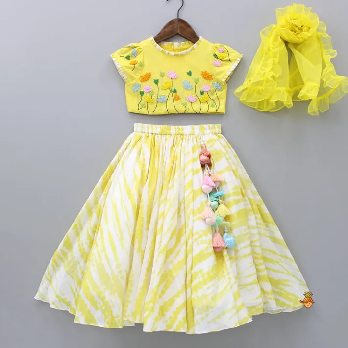 Outlet Beaded Yellow Top And Shibori Printed Lehenga With Ruffle Dupatta Twinning Sets | Ethnic Wear