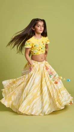 Outlet Beaded Yellow Top And Shibori Printed Lehenga With Ruffle Dupatta Twinning Sets | Ethnic Wear