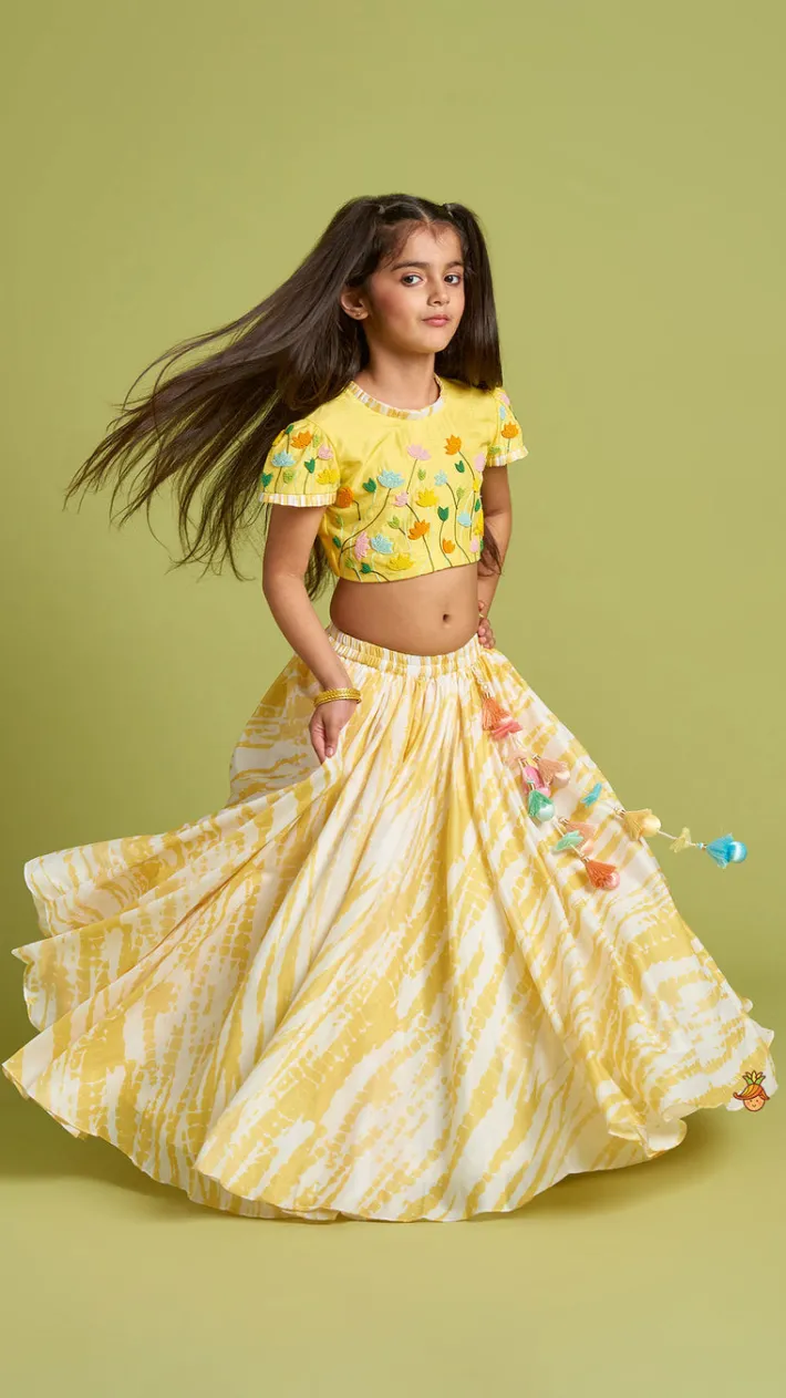Outlet Beaded Yellow Top And Shibori Printed Lehenga With Ruffle Dupatta Twinning Sets | Ethnic Wear