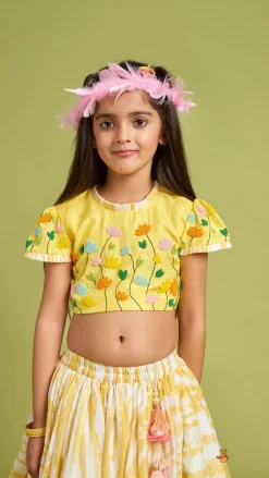 Outlet Beaded Yellow Top And Shibori Printed Lehenga With Ruffle Dupatta Twinning Sets | Ethnic Wear