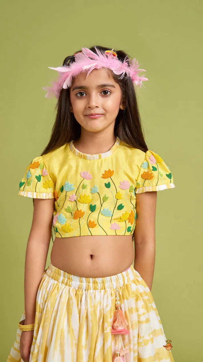 Outlet Beaded Yellow Top And Shibori Printed Lehenga With Ruffle Dupatta Twinning Sets | Ethnic Wear