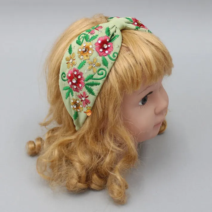 Clearance Beautiful Floral Embroidered Green Hair Band Hair Accessories | Hair Bands