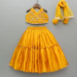 Online Beautiful Halter Neck Embroidered Mustard Top And Lehenga With Net Dupatta Ethnic Wear | Lehengas & Ghagras