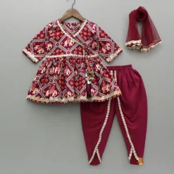 Hot Beautiful Patola-Printed Angarkha Style Kurti And Dhoti With Dupatta Twinning Sets | Ethnic Wear