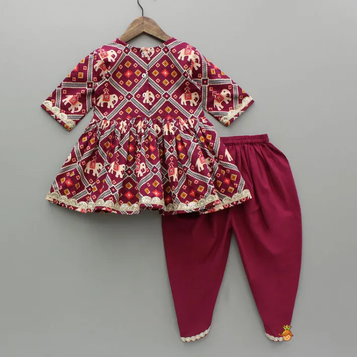 Hot Beautiful Patola-Printed Angarkha Style Kurti And Dhoti With Dupatta Twinning Sets | Ethnic Wear