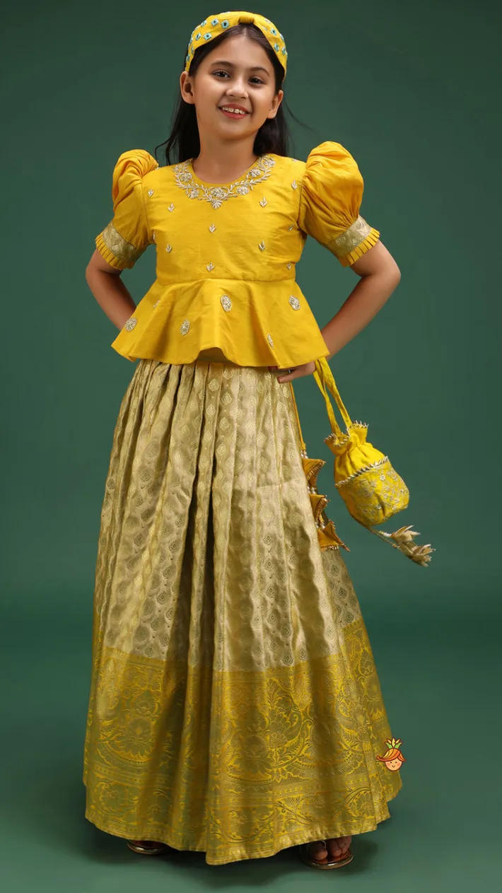 Online Beautiful Zari Floral Work And Puff Sleeves Peplum Top With Banarasi Brocade Embroidered Lehenga Twinning Sets | Ethnic Wear