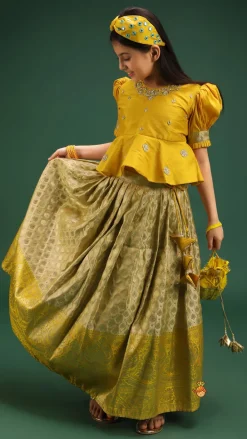 Online Beautiful Zari Floral Work And Puff Sleeves Peplum Top With Banarasi Brocade Embroidered Lehenga Twinning Sets | Ethnic Wear