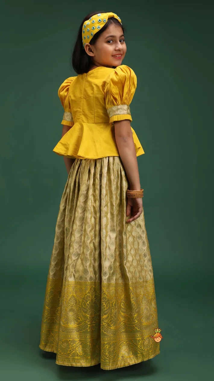 Online Beautiful Zari Floral Work And Puff Sleeves Peplum Top With Banarasi Brocade Embroidered Lehenga Twinning Sets | Ethnic Wear