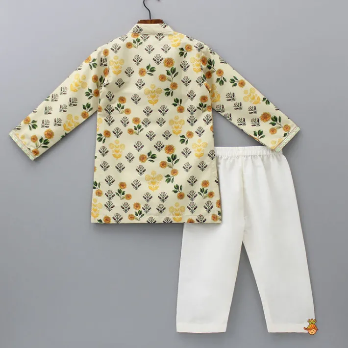 New Beige Floral Printed Kurta With Pyjama BOY Twinning Sets | Indian Ethnic Wear