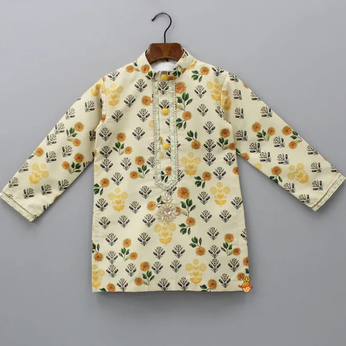 New Beige Floral Printed Kurta With Pyjama BOY Twinning Sets | Indian Ethnic Wear