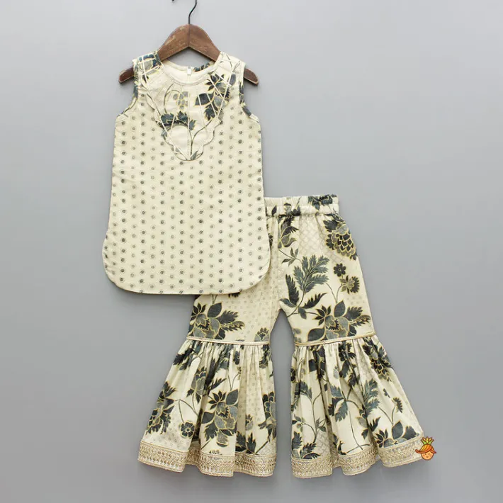 Outlet Beige Gota Lace Detailed Printed Kurti And Sharara Ethnic Wear | Palazzos & Shararas