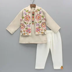 Fashion Beige Kurta And Embroidered Front Open Jacket With Pyjama BOY Indian Ethnic Wear | Ethnic Sets