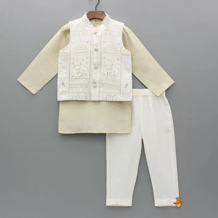 New Beige Kurta With Embroidered Jacket And Pant BOY Indian Ethnic Wear | Ethnic Sets
