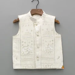 New Beige Kurta With Embroidered Jacket And Pant BOY Indian Ethnic Wear | Ethnic Sets