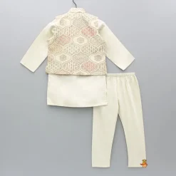 Outlet Beige Kurta With Multicolour Embroidered Jacket And Pyjama BOY Indian Ethnic Wear | Ethnic Sets
