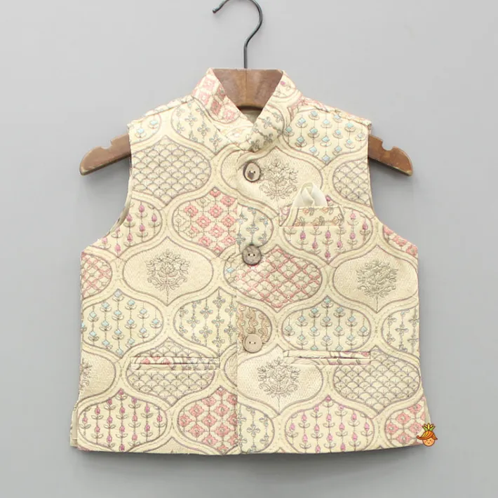 Outlet Beige Kurta With Multicolour Embroidered Jacket And Pyjama BOY Indian Ethnic Wear | Ethnic Sets