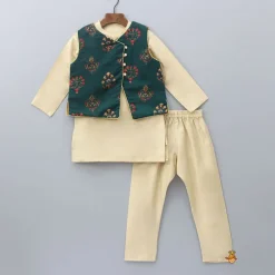 Clearance Beige Kurta With Printed Jacket And Pyjama BOY Indian Ethnic Wear | Ethnic Sets