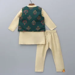 Clearance Beige Kurta With Printed Jacket And Pyjama BOY Indian Ethnic Wear | Ethnic Sets