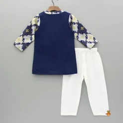 Discount Bird Embroidered Front Open Navy Blue Kurta And Off White Pyjama BOY Indian Ethnic Wear | Ethnic Sets