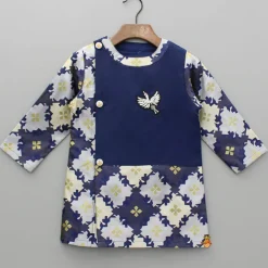 Discount Bird Embroidered Front Open Navy Blue Kurta And Off White Pyjama BOY Indian Ethnic Wear | Ethnic Sets
