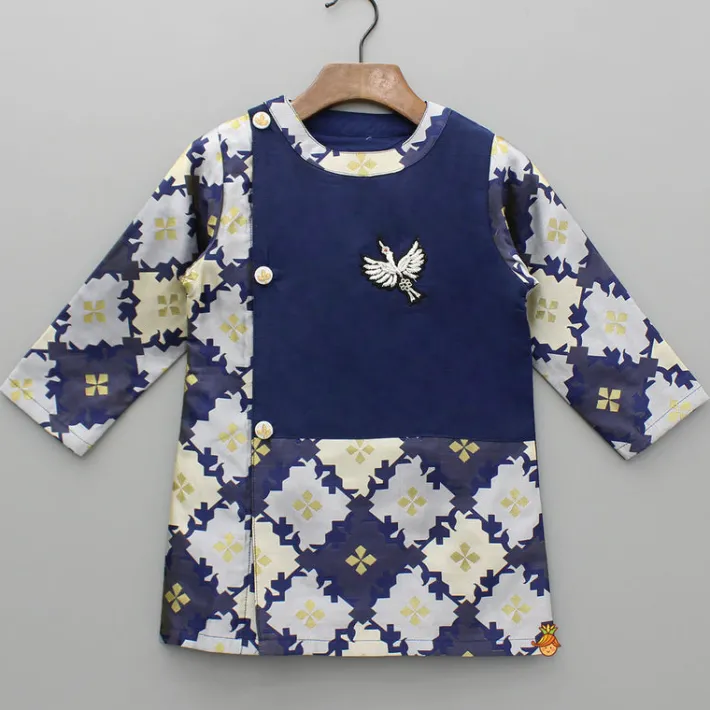 Discount Bird Embroidered Front Open Navy Blue Kurta And Off White Pyjama BOY Indian Ethnic Wear | Ethnic Sets