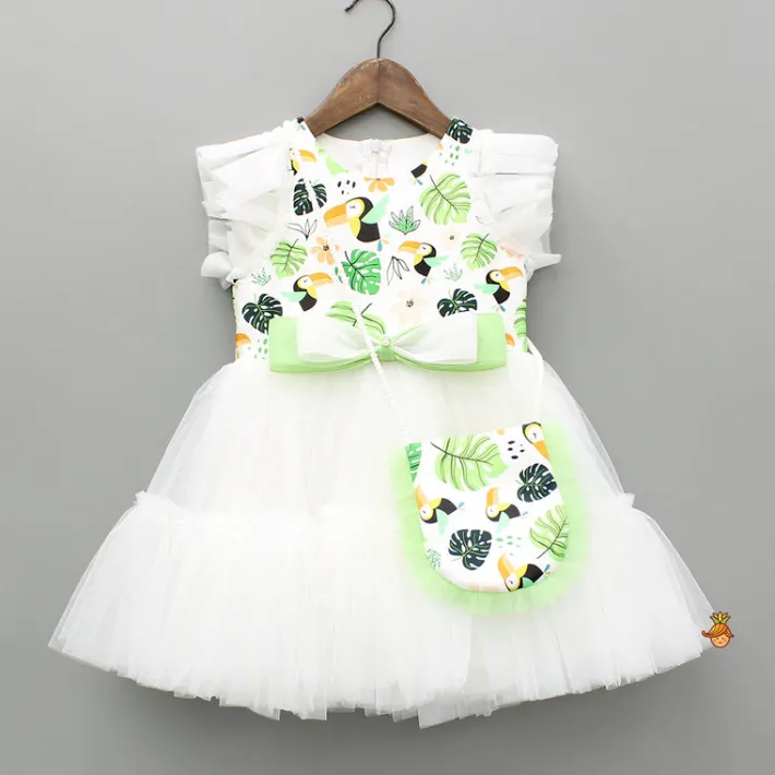 New Bird Printed White Frilly Dress With Matching Sling Bag Dresses & Sets | Dresses
