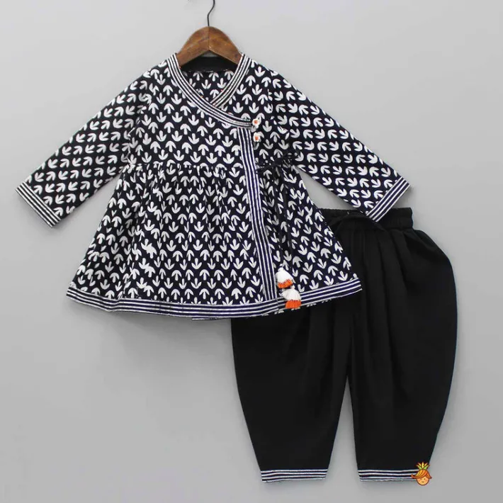 Hot Black And White Angrakha Kurti With Dhoti Twinning Sets | Ethnic Wear