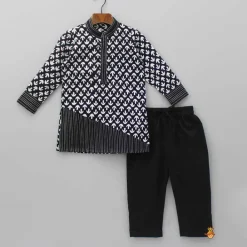 Fashion Black And White Thread Detailed Kurta With Pyjama BOY Twinning Sets | Indian Ethnic Wear