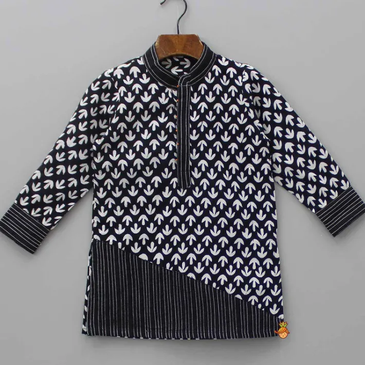 Fashion Black And White Thread Detailed Kurta With Pyjama BOY Twinning Sets | Indian Ethnic Wear
