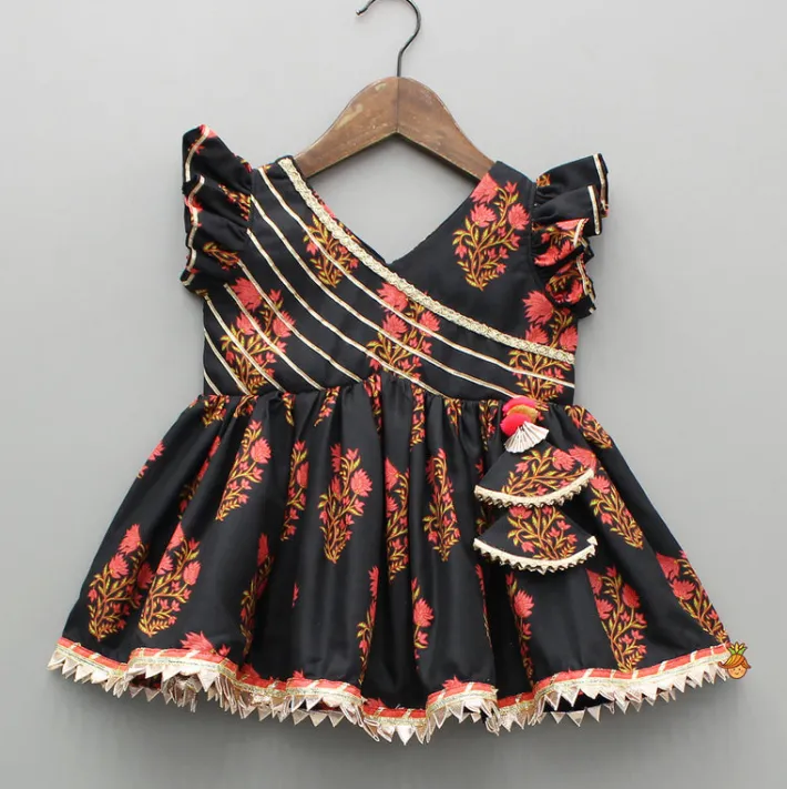 Best Black Cotton Floral Printed Kurti And Sharara With Net Dupatta Ethnic Wear | Palazzos & Shararas