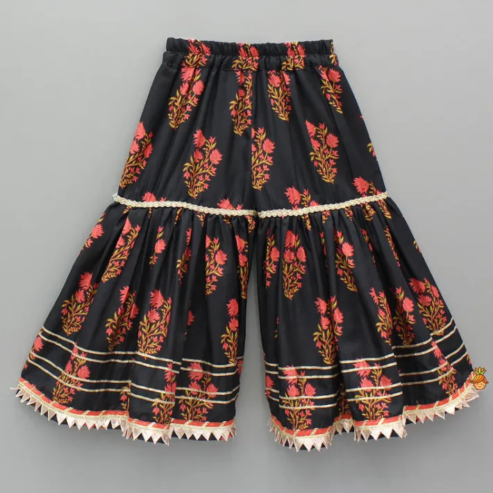 Best Black Cotton Floral Printed Kurti And Sharara With Net Dupatta Ethnic Wear | Palazzos & Shararas