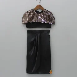 Fashion Black Crop Top With Sequined Scalloped Cape And Dhoti Style Skirt Ethnic Wear | Dhotis & Patialas