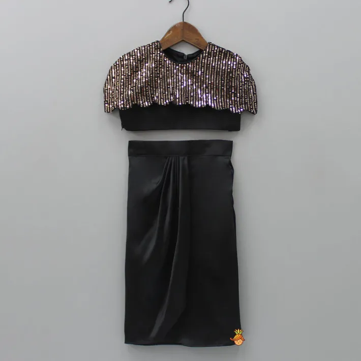 Fashion Black Crop Top With Sequined Scalloped Cape And Dhoti Style Skirt Ethnic Wear | Dhotis & Patialas