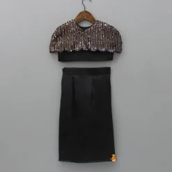 Fashion Black Crop Top With Sequined Scalloped Cape And Dhoti Style Skirt Ethnic Wear | Dhotis & Patialas