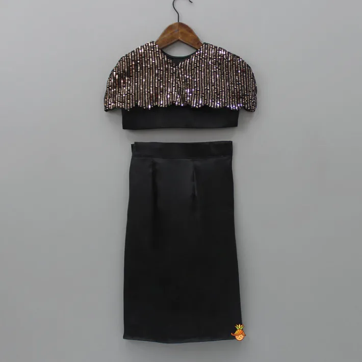 Fashion Black Crop Top With Sequined Scalloped Cape And Dhoti Style Skirt Ethnic Wear | Dhotis & Patialas