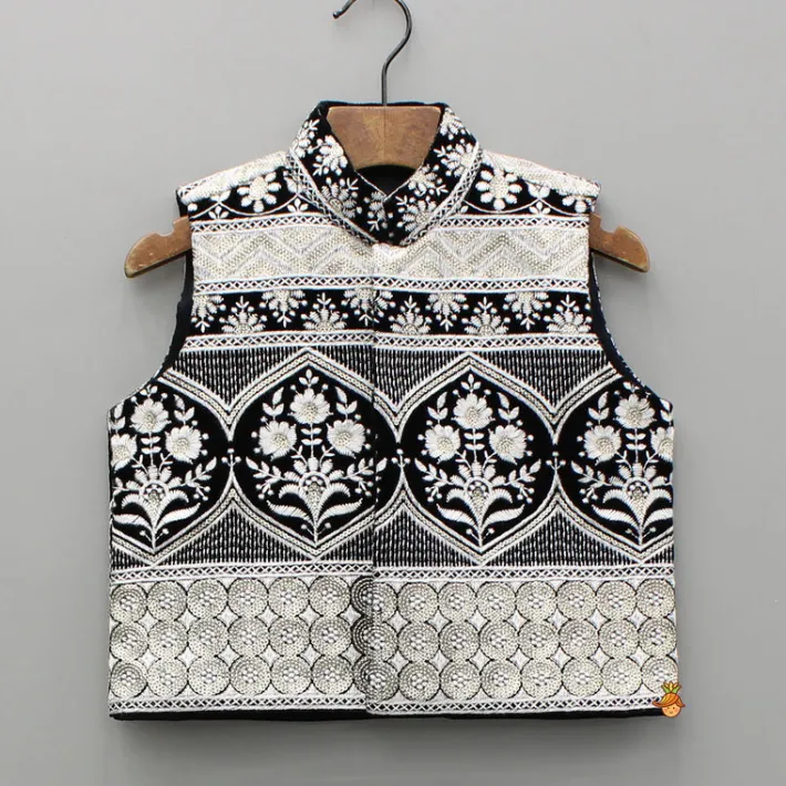 Outlet Black Embroidered Kurta And Jacket With Pant BOY Twinning Sets | Indian Ethnic Wear