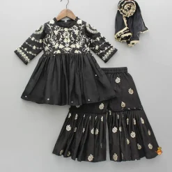 Outlet Black Embroidered Pleats Detailed Kurti And Sharara With Dupatta Twinning Sets | Ethnic Wear