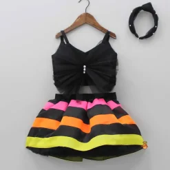Hot Black Frilly Bow Top And Multi Colour Lace Applique Skirt With Matching Pearl Work Hair Band Dresses & Sets | Sets
