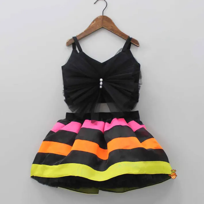 Hot Black Frilly Bow Top And Multi Colour Lace Applique Skirt With Matching Pearl Work Hair Band Dresses & Sets | Sets