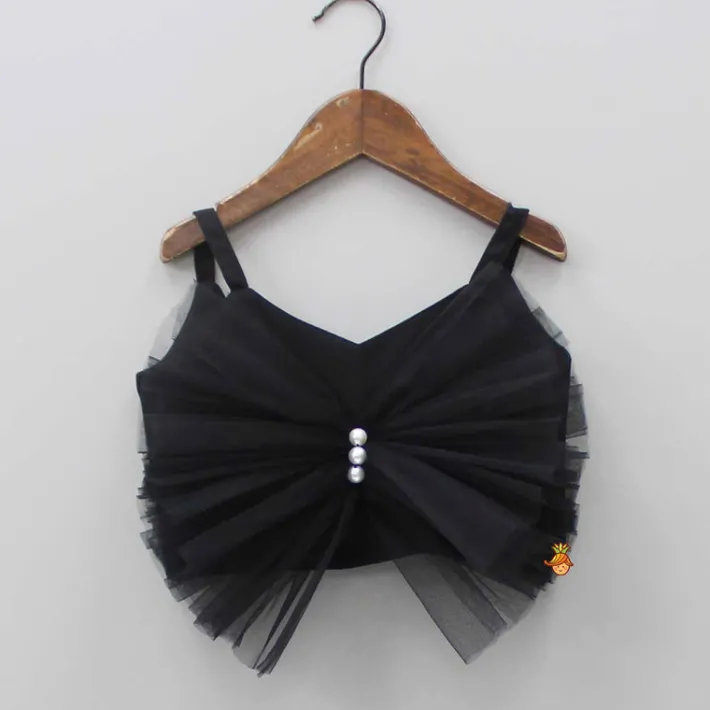 Hot Black Frilly Bow Top And Multi Colour Lace Applique Skirt With Matching Pearl Work Hair Band Dresses & Sets | Sets