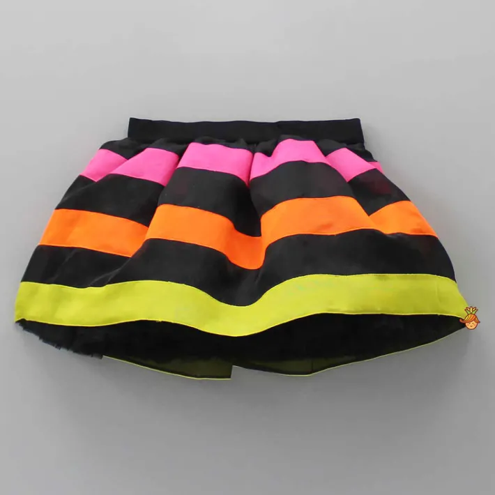 Hot Black Frilly Bow Top And Multi Colour Lace Applique Skirt With Matching Pearl Work Hair Band Dresses & Sets | Sets