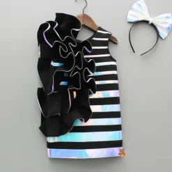 New Black Holographic Ruffle Dress With Bow Hair band Dresses & Sets | Dresses