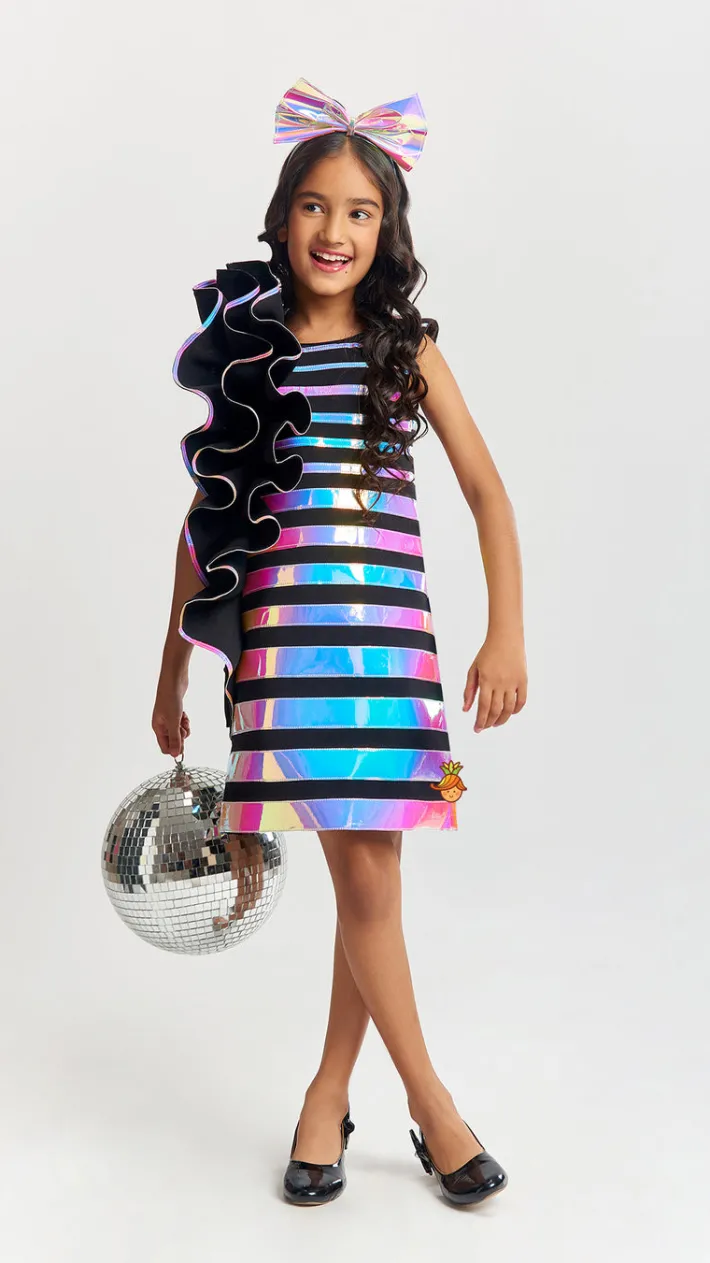 New Black Holographic Ruffle Dress With Bow Hair band Dresses & Sets | Dresses