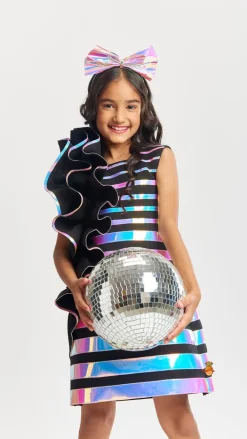 New Black Holographic Ruffle Dress With Bow Hair band Dresses & Sets | Dresses