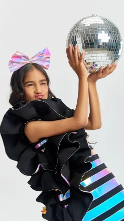 New Black Holographic Ruffle Dress With Bow Hair band Dresses & Sets | Dresses