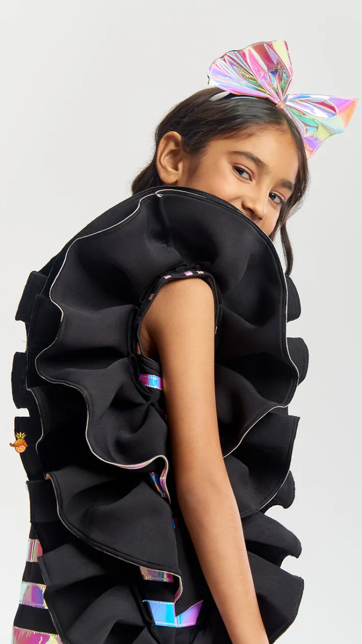 New Black Holographic Ruffle Dress With Bow Hair band Dresses & Sets | Dresses