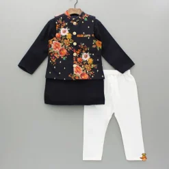 Online Black Kurta And Floral Printed Embroidered Jacket With Pyjama BOY Twinning Sets | Indian Ethnic Wear